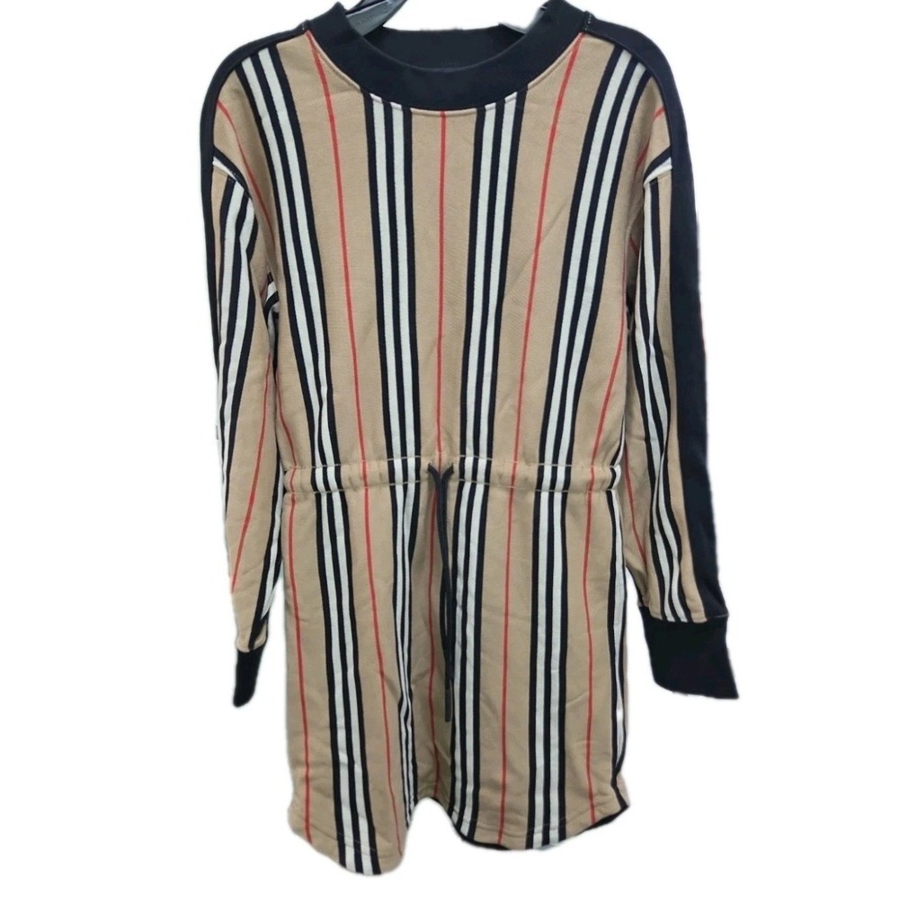 Burberry Kids Icon Stripe Long Sleeve Drawstring Waist Dress 8Y 128cm Beige